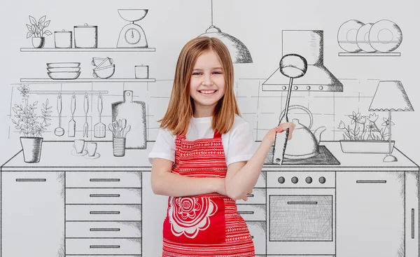 Menina feliz com esboço de cozinha pintada — Fotografia de Stock