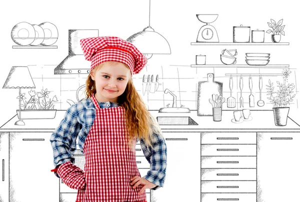 Улыбающаяся маленькая девочка на наброске кухни — стоковое фото