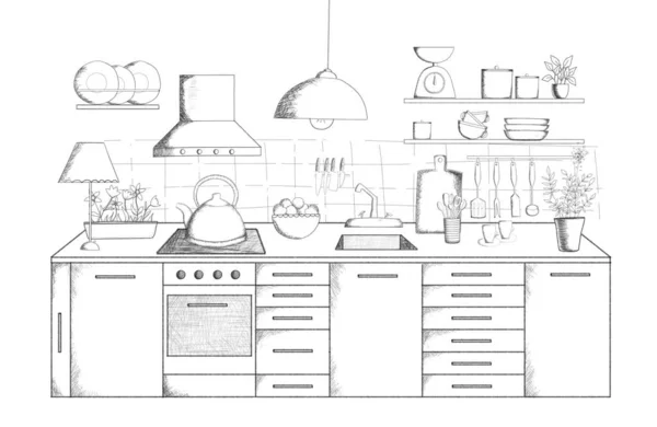 Croquis intérieur de la cuisine sur fond blanc — Photo