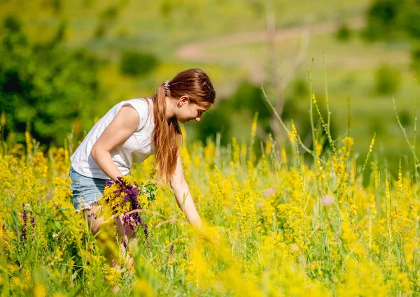 Jovem menina coletando flores no campo — Fotografia de Stock