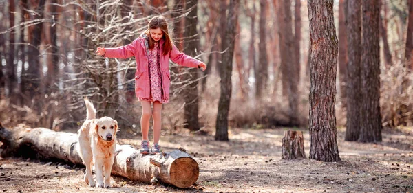 Holčička se zlatým retrívrem v lese — Stock fotografie