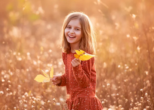 Petite fille souriante aux feuilles d'automne — Photo