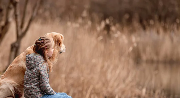 Preteen girl with golden retriever dog — Stock Photo, Image