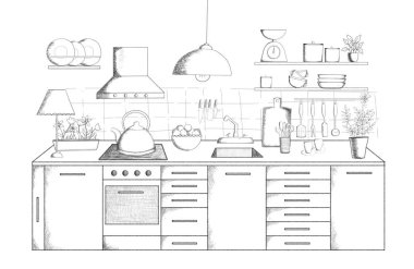 Beyaz arka planda mutfak iç taslak