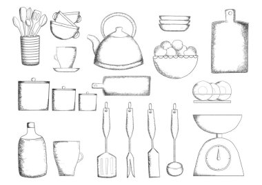Beyaz üzerine çizilmiş mutfak gereçleri