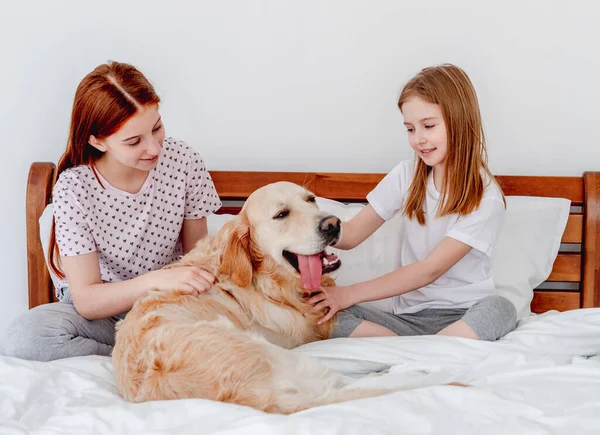 Dziewczyny z psem golden retriever w łóżku — Zdjęcie stockowe