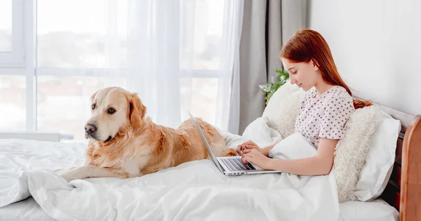 Dizüstü bilgisayarı ve golden retriever köpeği olan kız. — Stok fotoğraf