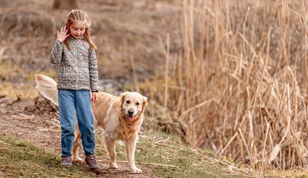 未成年の女の子とともに黄金の取得犬 — ストック写真