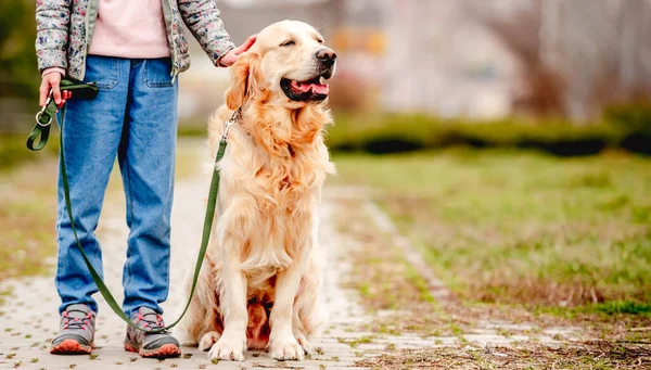 Menina com cão golden retriever fora — Fotografia de Stock
