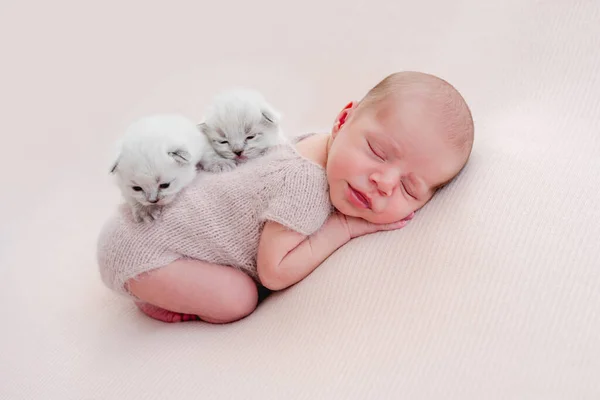 Recién nacido durmiendo con gatitos — Foto de Stock