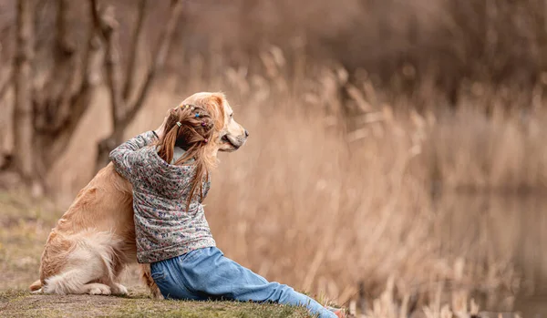 Preteen chica con golden retriever perro —  Fotos de Stock