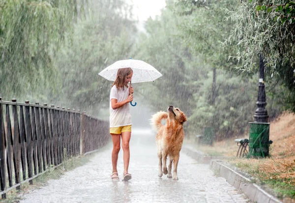 Menina com cão golden retriever em dia chuvoso — Fotografia de Stock