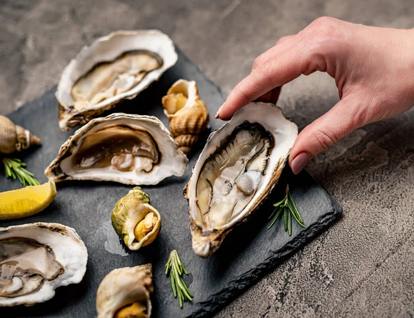 Set of oysters and snails on black platter — Stock Photo, Image