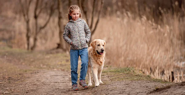 Preteen κορίτσι με σκυλί golden retriever — Φωτογραφία Αρχείου