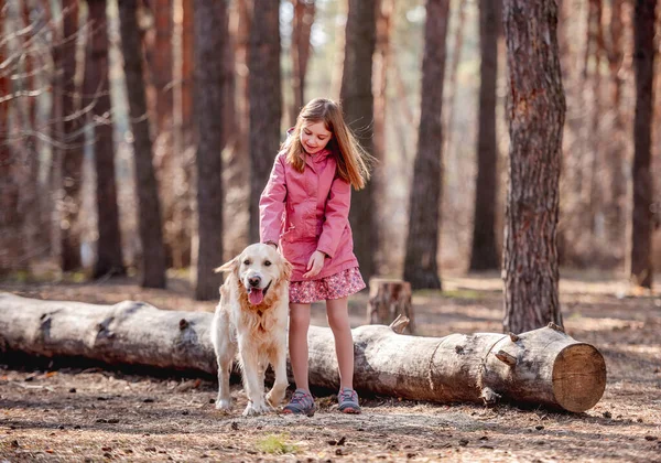 Menina com cão golden retriever na madeira — Fotografia de Stock