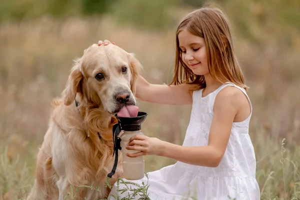 Lány arany retriever kutya — Stock Fotó