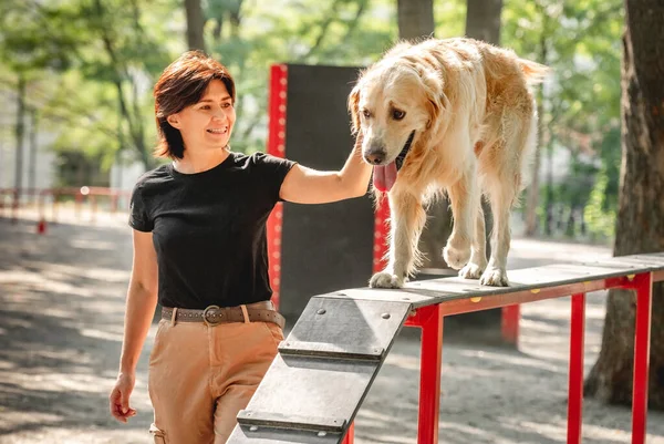 Flicka med golden retriever hund — Stockfoto