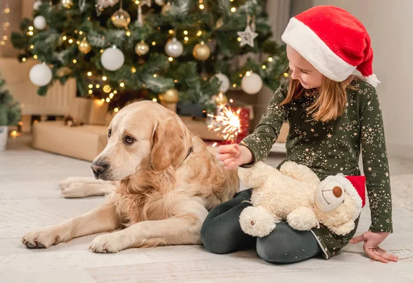 Niña con perro golden retriever en tiempo de Navidad —  Fotos de Stock