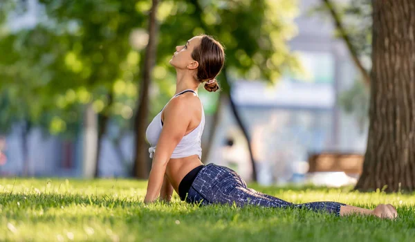 Girl doing yoga at nature and standing in upward dog pose on the grass. Young woman exercising and stertching in summer