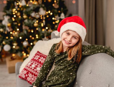 Küçük kız Noel ağacının yanında oyuncak ayıya sarılıyor.