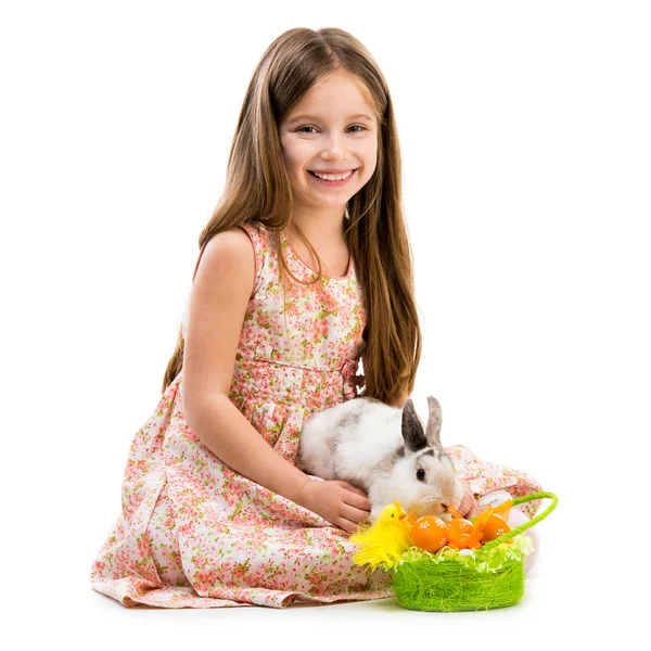 Happy little girl and rabbit — Stock Photo, Image