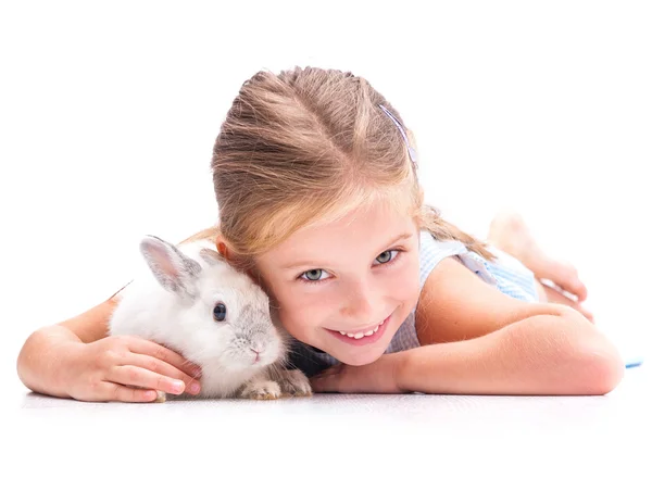 Little girl a white rabbit — Stock Photo, Image