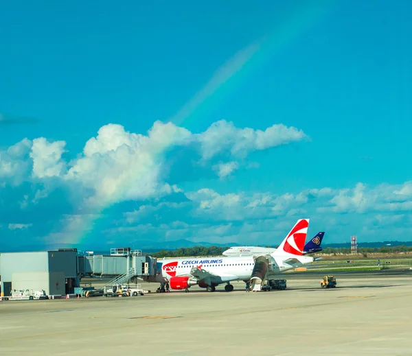 The plane at the airport — Stock Photo, Image