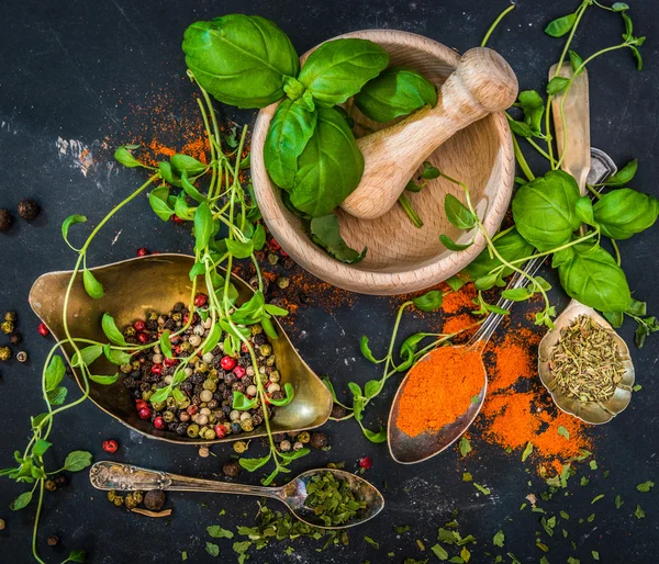 Mortel met kruiden en specerijen — Stockfoto