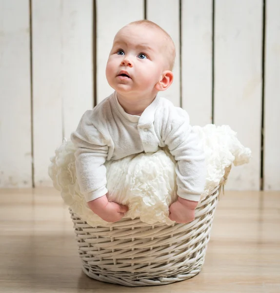 Baby im Weidenkorb — Stockfoto