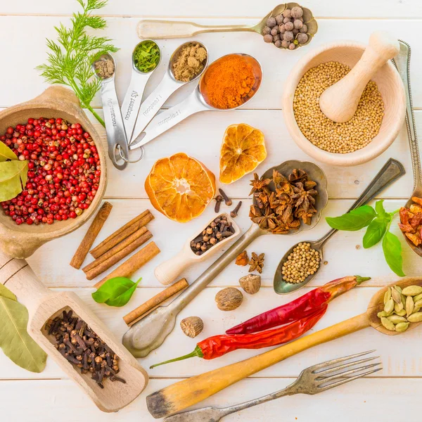 Spoons with herbs and spices — Stock Photo, Image