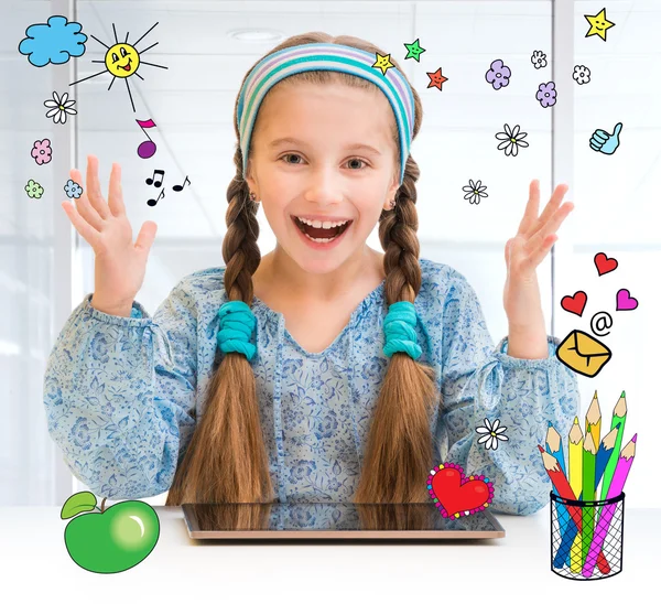 Little girl and  magic tablet — Stock Photo, Image