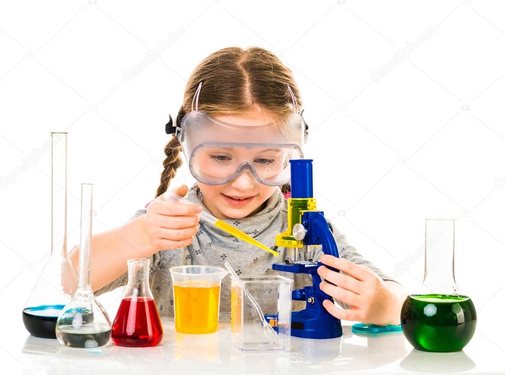 Girl with flasks for chemistry