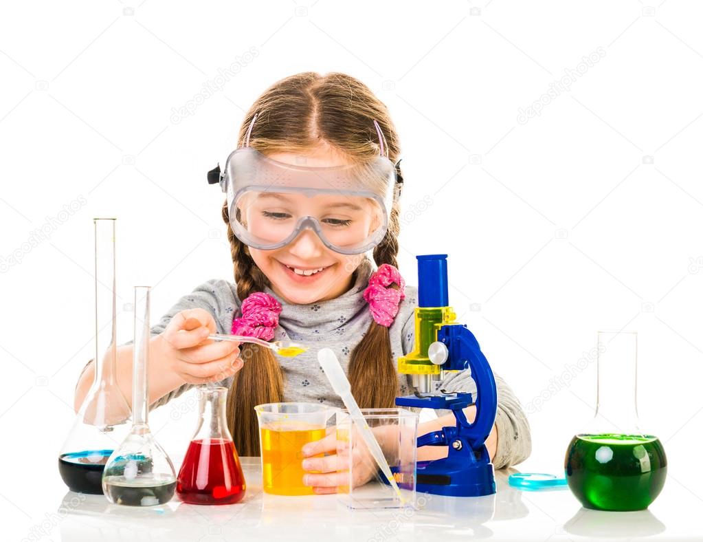 Girl with flasks for chemistry