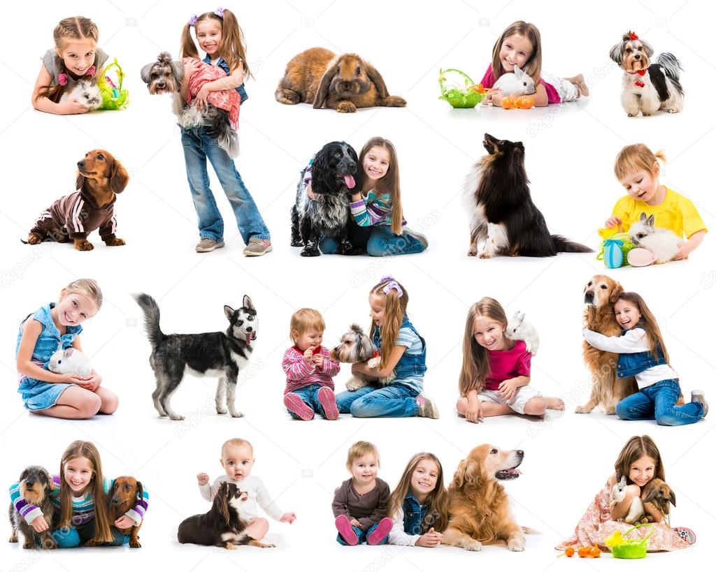 collection photos of young children with dogs and rabbits