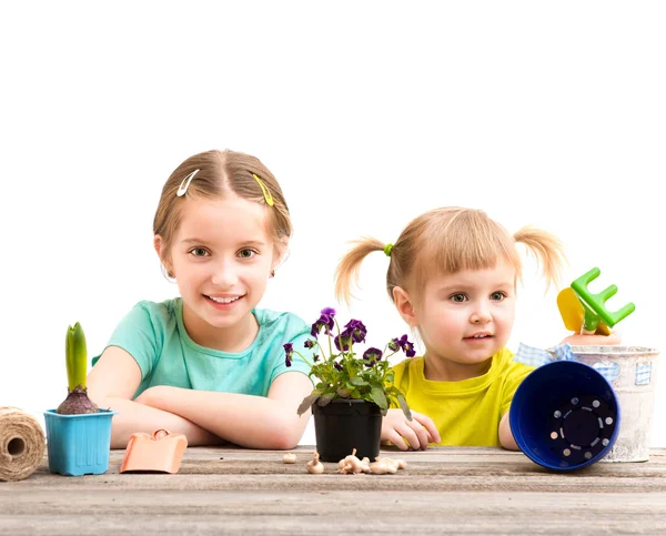 Kleine zusters die zich bezighouden met tuinieren — Stockfoto