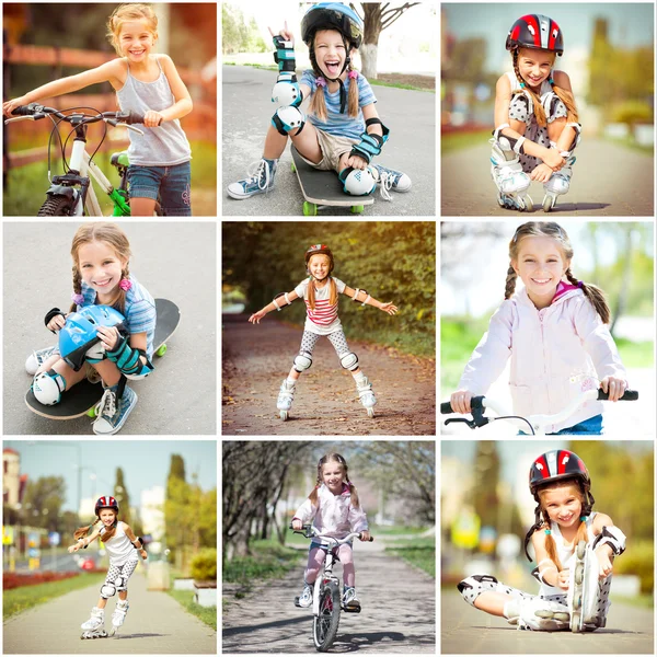 Mädchen fährt Fahrrad und Skateboard — Stockfoto