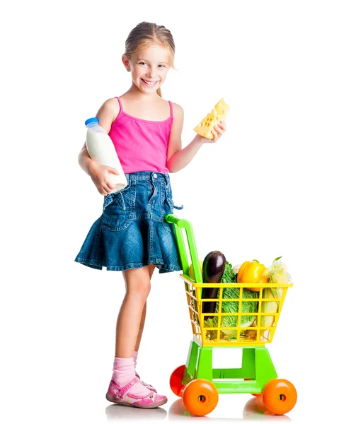 Menina com cesta de produtos — Fotografia de Stock