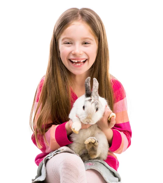 Cute girl  with baby rabbit — Stock Fotó
