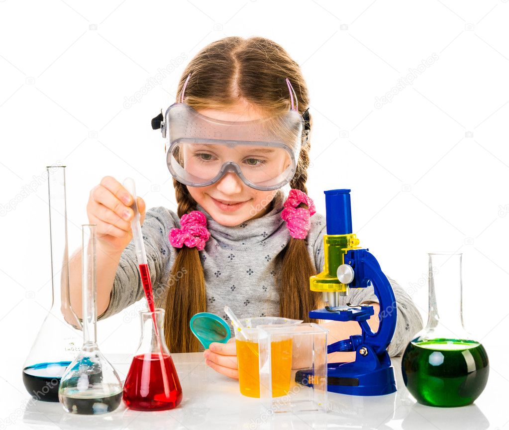 Girl with flasks for chemistry