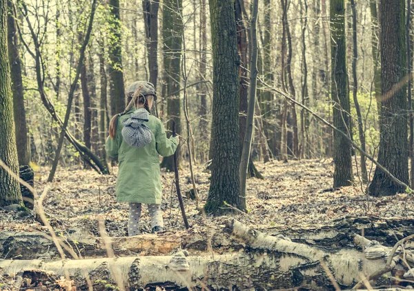 Маленькая девочка проходит через лес — стоковое фото