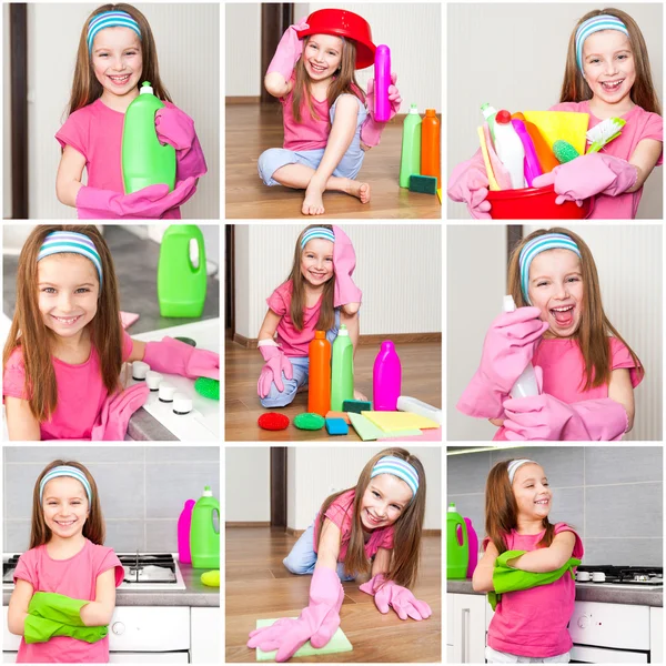 Kleines Mädchen putzt Küche — Stockfoto