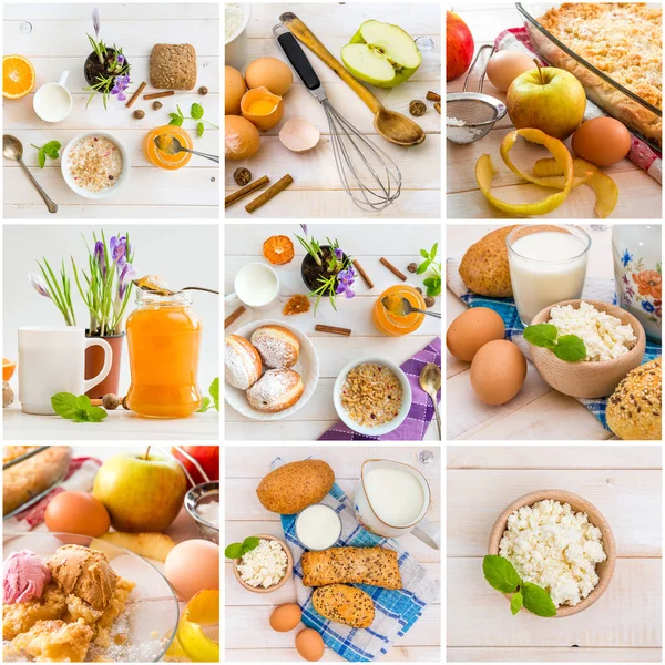 Pequeno-almoço em fundo de madeira — Fotografia de Stock