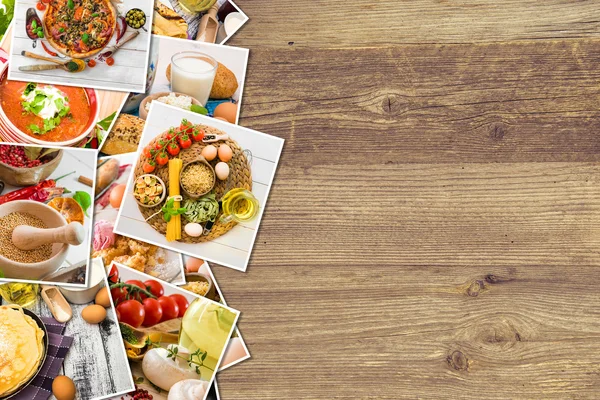 Fotos de alimentos sobre un fondo de madera — Foto de Stock