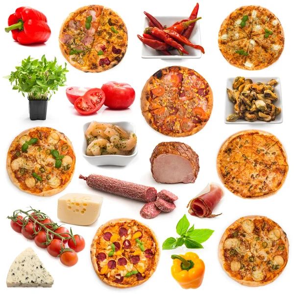Pizza e ingredientes alimentares — Fotografia de Stock