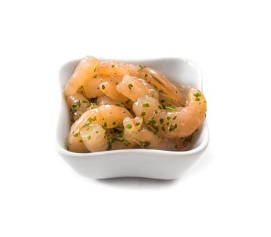 bowl of peeled natural shrimps 