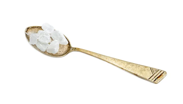 Crystal sugar in iron spoon — Stock Photo, Image