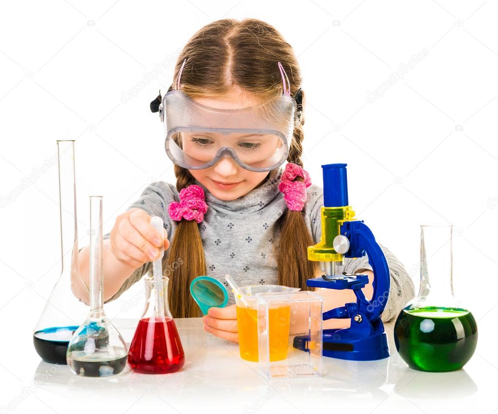 little girl with flasks for chemistry