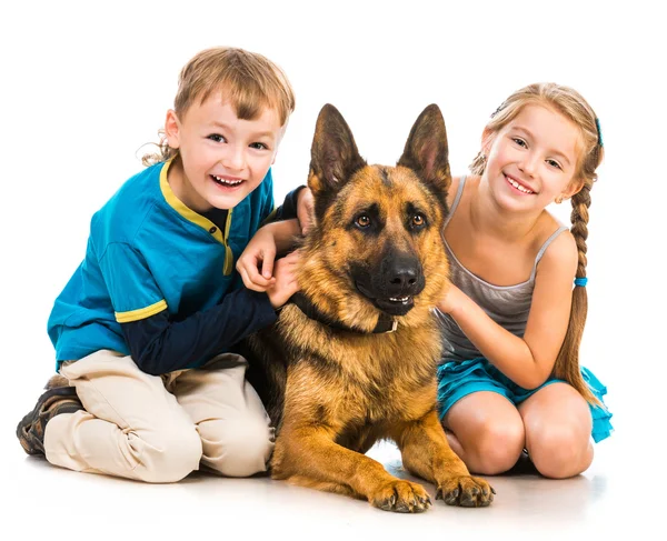 Kinder mit einem Schäferhund — Stockfoto