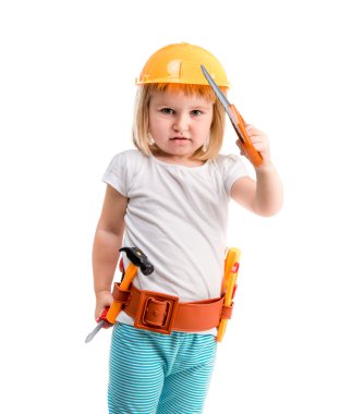 kask ve aletleri ile küçük kız