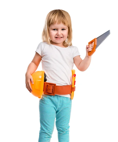 Menina com capacete e instrumentos — Fotografia de Stock